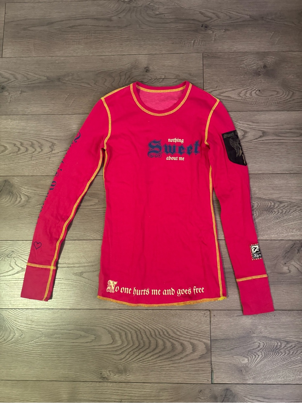 Alp N Rock Hot Pink Long Sleeve Tee with Yellow Stitching Embroidered Size Small
